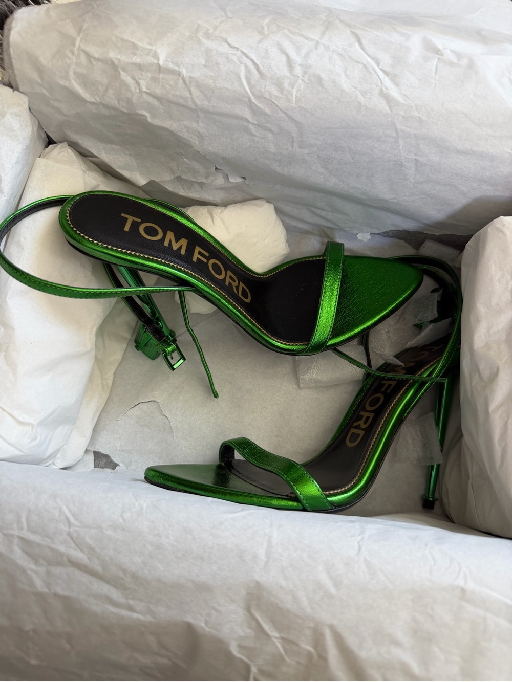 Tom Ford Metallic Emerald Green Ankle-Tie Stiletto Sandals